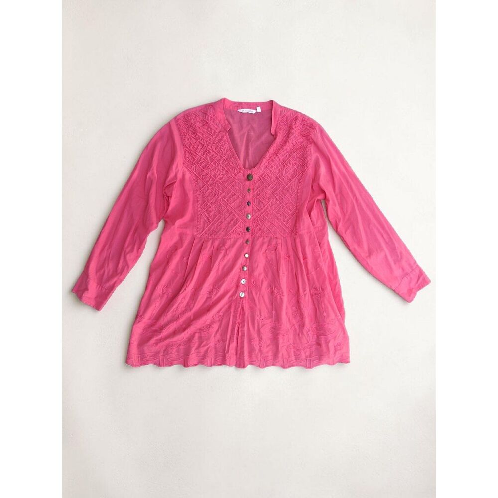 Soft Surroundings XL Pink Coral Embroidered Mixed-Button Babydoll Tunic Top